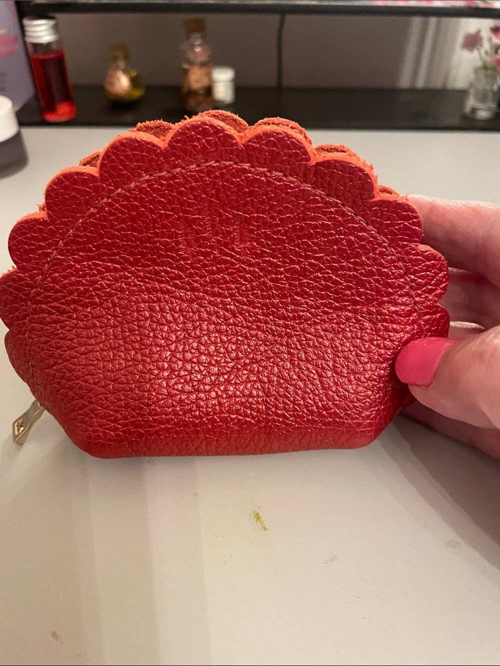 Portland Leather Red Scalloped Leather Cosmetic Pouch